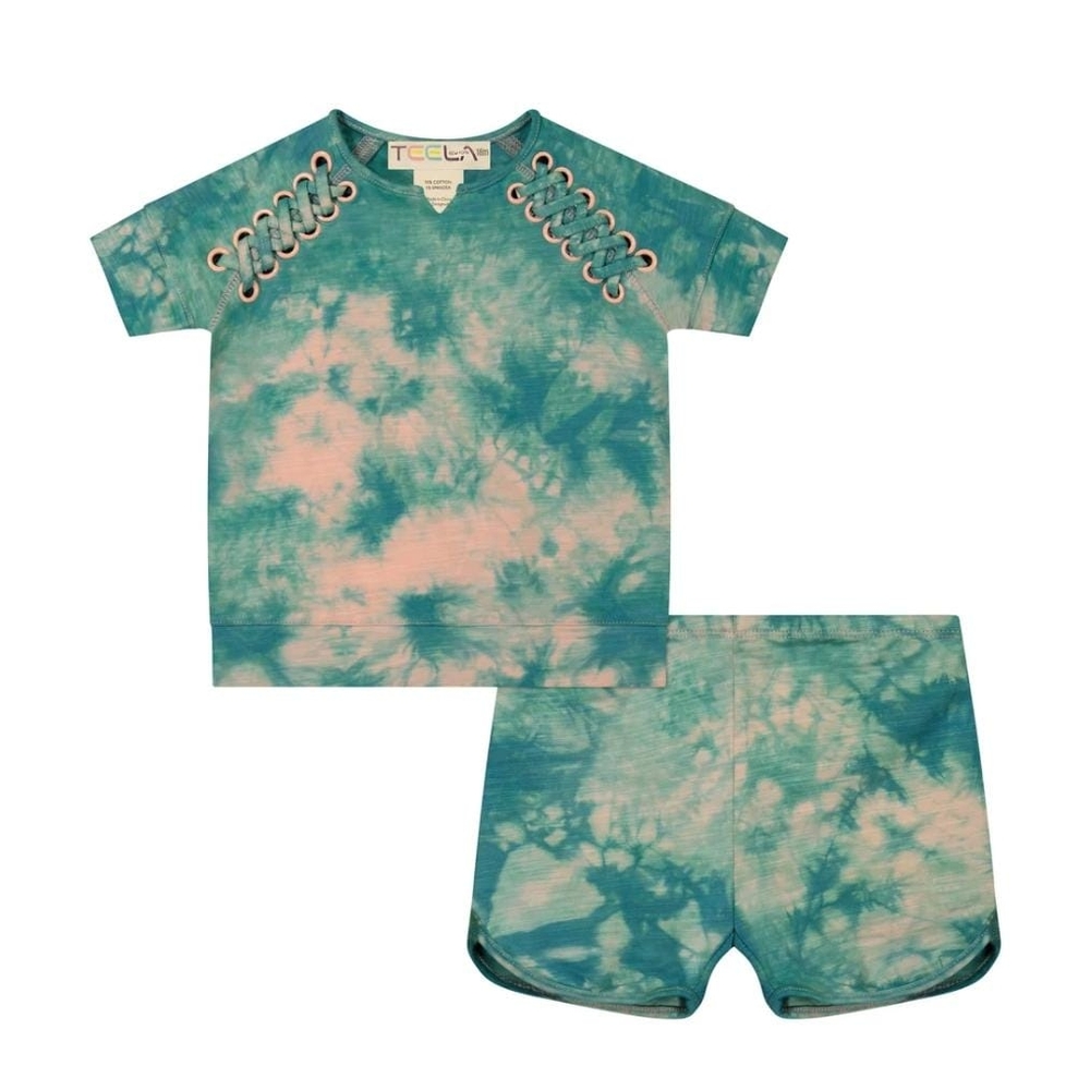 Teal Tie-Dye Laced Top and Shorts Set